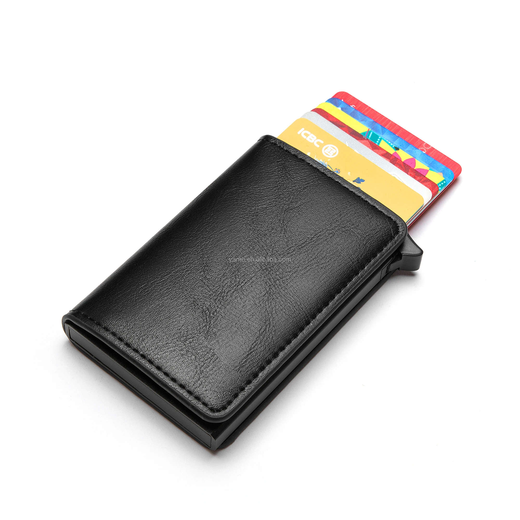 

Custom Logo Pu Leather Aluminium Pop UP Credit Card Holder Smart Wallet