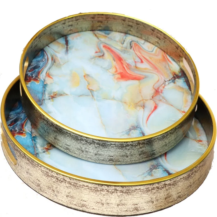 

Manufacturer Direct Selling Round Marble Print Tray Fruit Food Decor Tray Eco-Friendly Round Service Tray