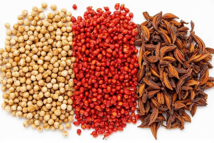 Close-up comparison of Szechuan pepper alternatives: Tasmanian pepperberry, sansho pepper, and star anise blend