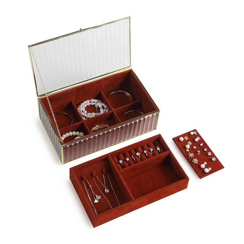 

Wholesale Luxury Glass Jewelry Box Organizer Metal Red Velvet Necklace Earring Ring Jewellery Storage Case for Wedding Gift