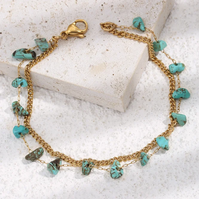 

Newest Arrival Real Gold Plated Natural Stone Turquoise Beads Bracelets Double Layers Turquoise Beads Bracelets For Women Girl