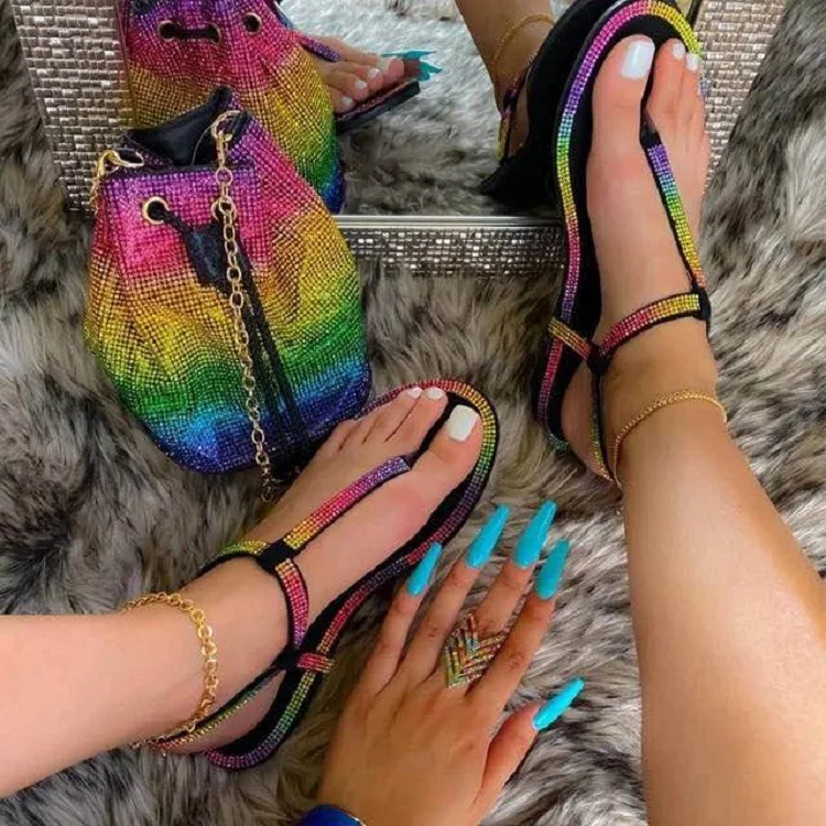 

Rainbow Rhinestone Woman Summer Flat Slippers Beach Sandal Shoes Slippers For Women Sandals