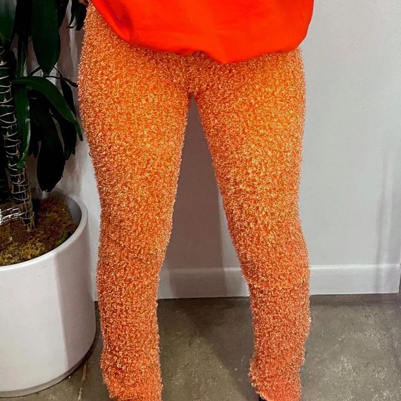 

2021 New Trendy Mid Waist Casual Keep Warm Streetwear Plush Winter Pants For Women, Orange