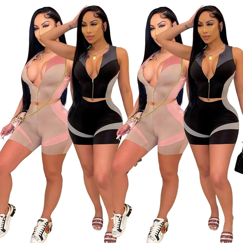 

Contrast Color Fitted Outfits Sportswear Sleeveless Short Sets for Women