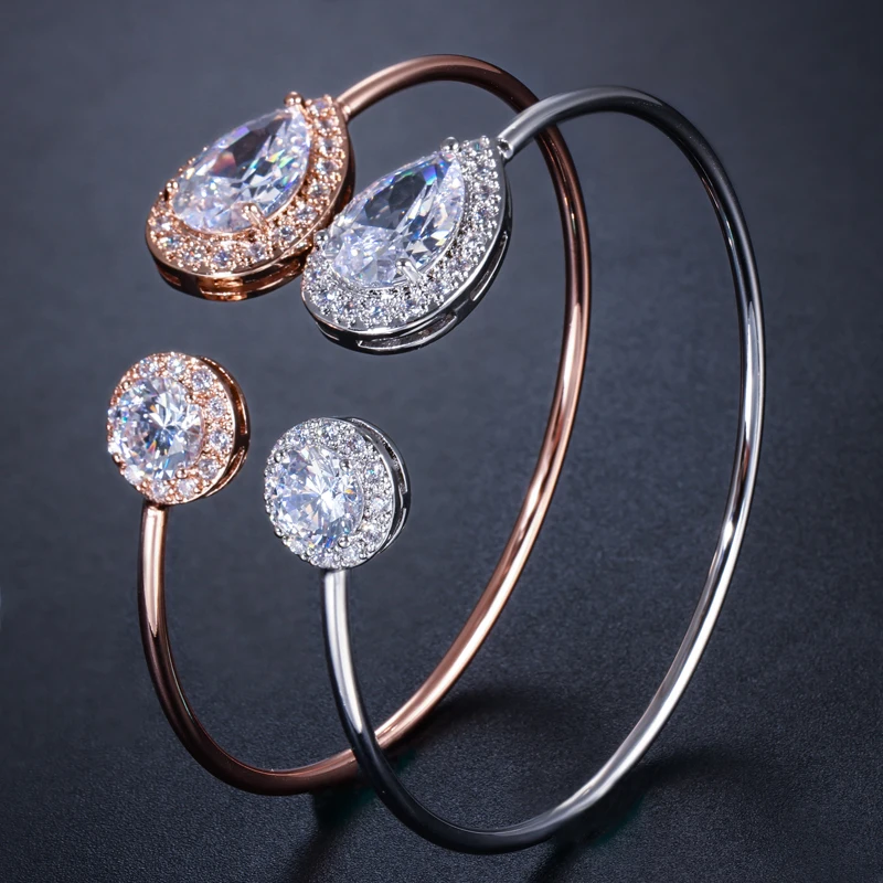 

Free Size Ladies Rose Gold and Silver Plated Jewelry Round Pear Cut Cubic Zirconia Crystal Fashion Thin Bangles for Woman