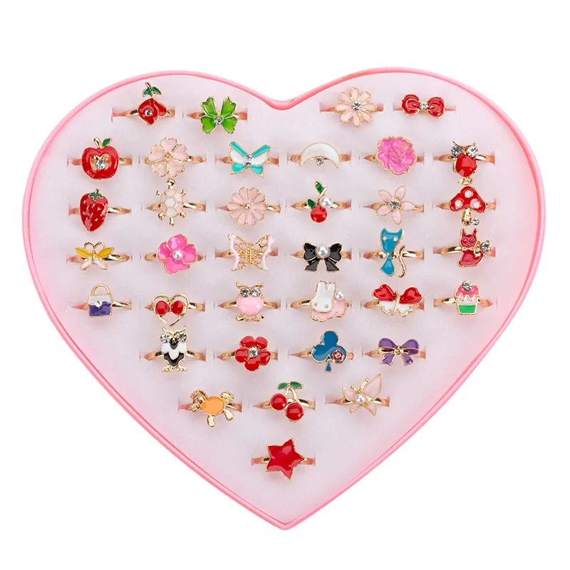 

36 pcs/Set Cute Children's Day Jewelry Plastic Kids Rings Girls With Mixed Korean Style Resin Alloy Without Box Randomly, Picture shows