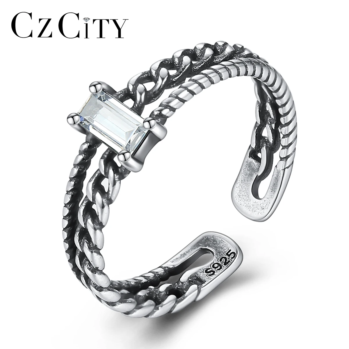 

CZCITY Adjustable Zirconium Zirconia Jewelry Twin Luxury Zircon 925 Woman Fashion Finger Stone Design Chain Style Ring