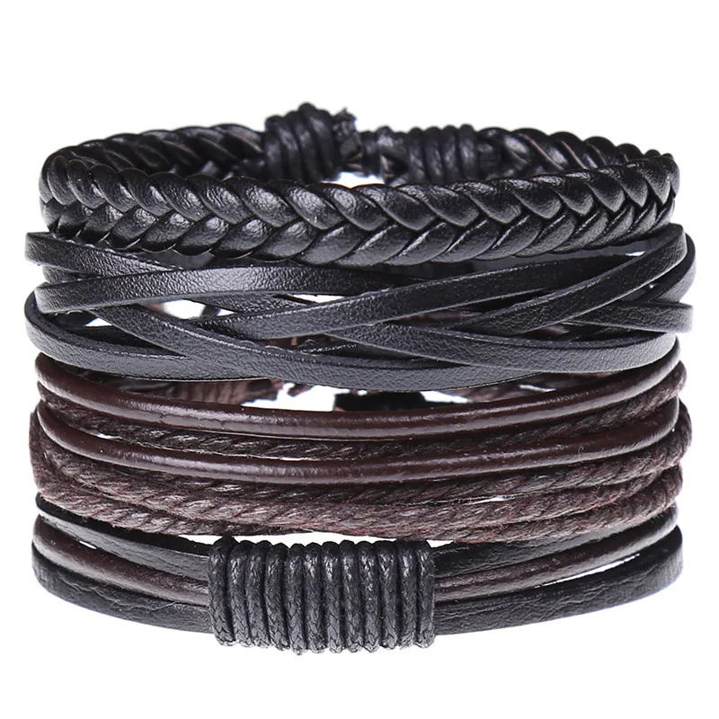 

2021 4Pcs Handmade Vintage Adjustable Men's Bracelets Band Set Woven Braided Genuine Leather Bracelet For Men jewelry, Black