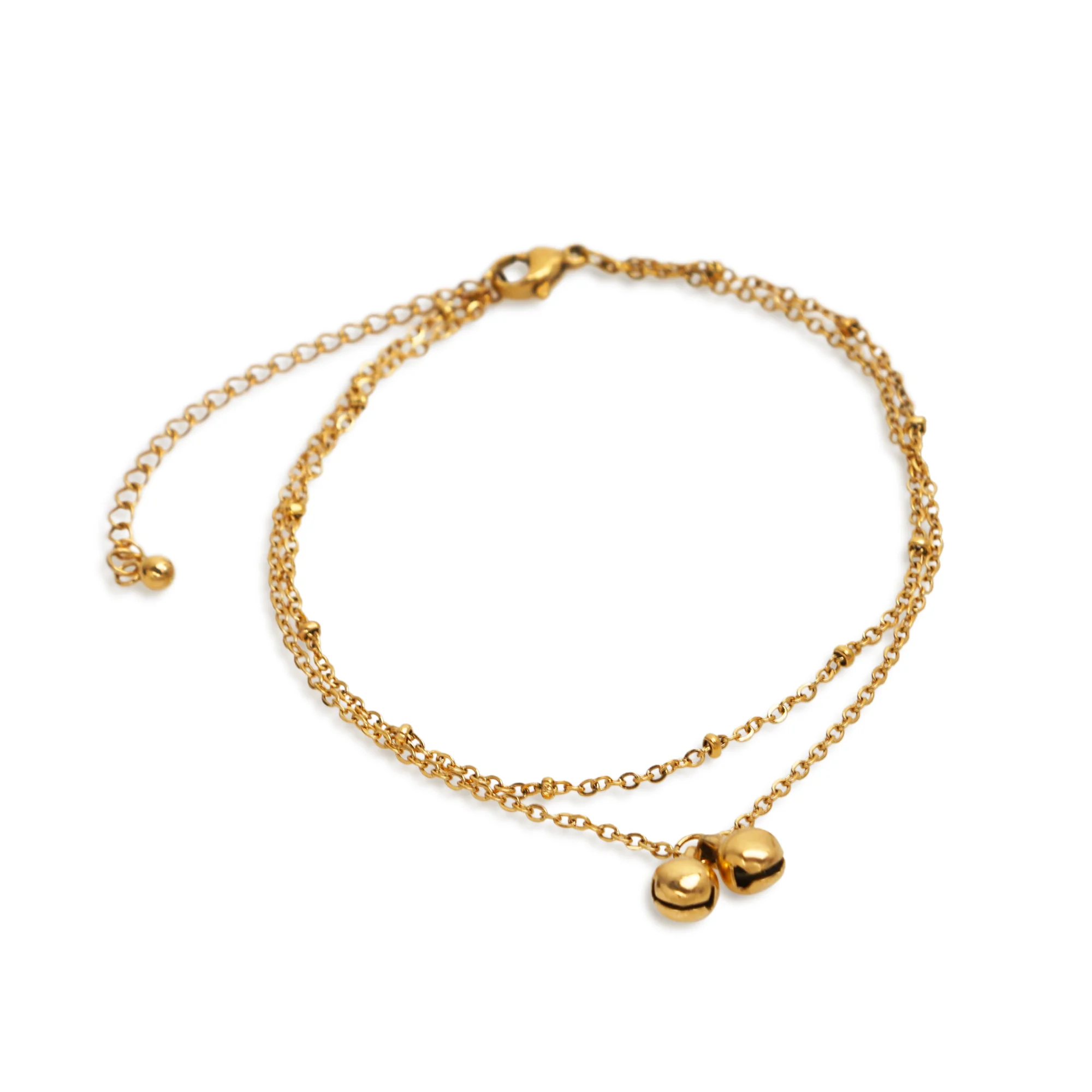 

Chris April 18k PVD gold plated 316L stainless steel stacking beads bells double layers satellite chain anklet