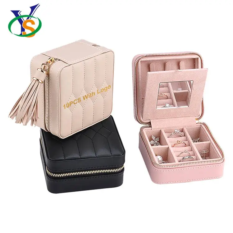 

Custom portable luxury velvet soft jewel case organizer small travel jewelry box with mirror, Brown