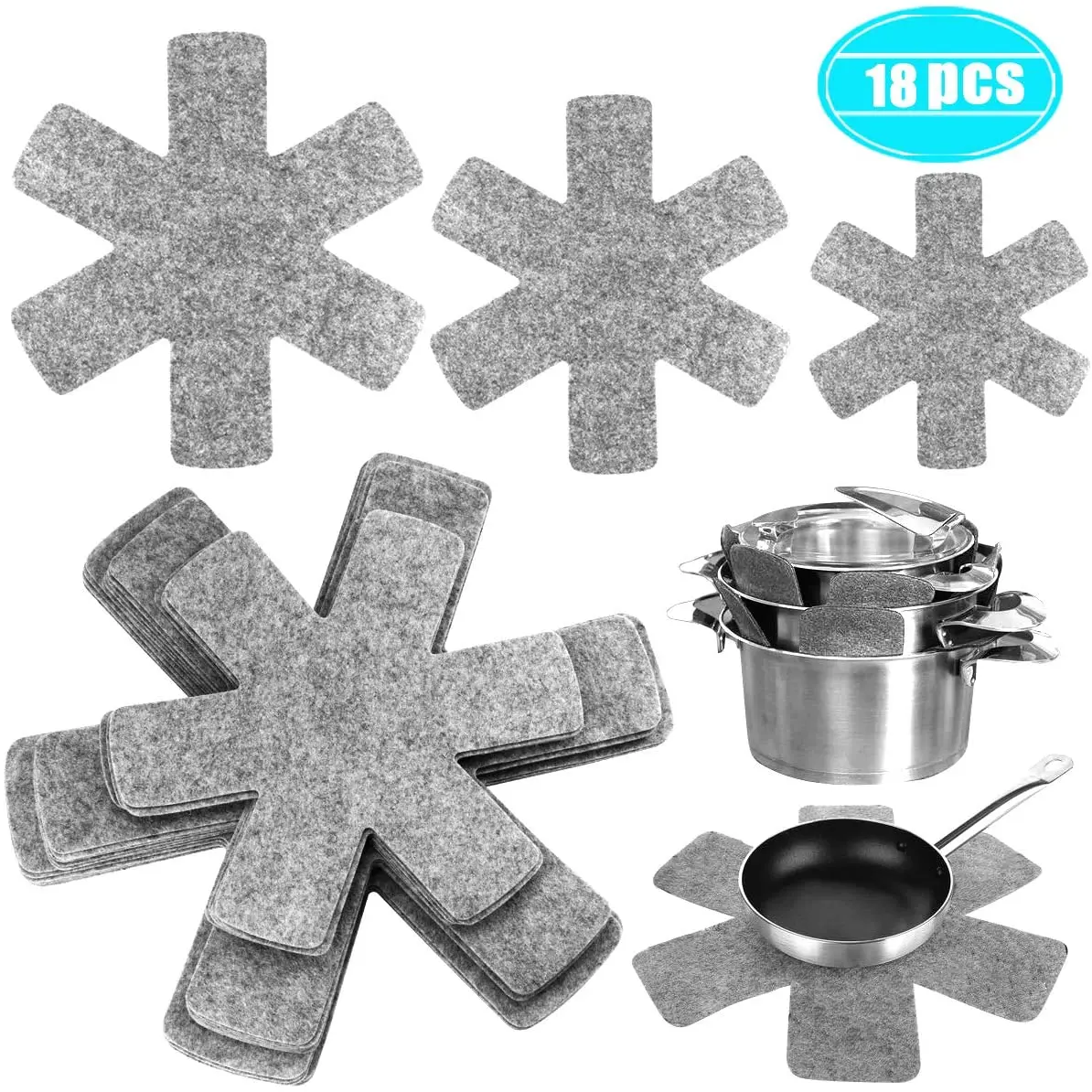 

18 Pack 3 Different Sizes Grey Pot and Pan Cookware Divider Protectors Pads Separator Avoid Scratching and Marring, Gray