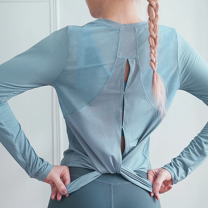 

Women Long Sleeve Yoga Shirts Mesh Splicing Moisture Wicking Workout Running Tops Open Back Shirts