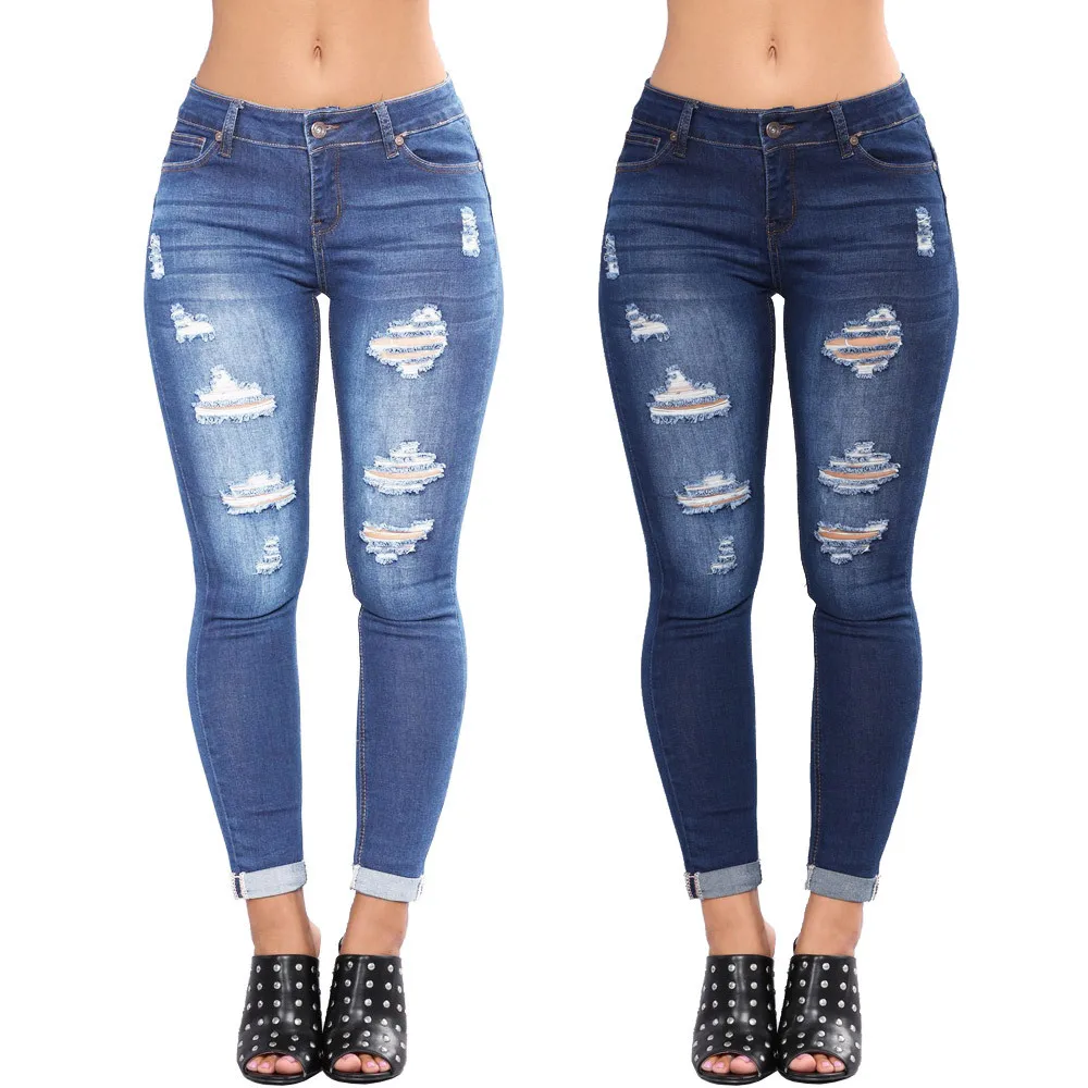 

High Quality Tight Jeans Women Casual Pencil Pants Shredded Ripped, As picture