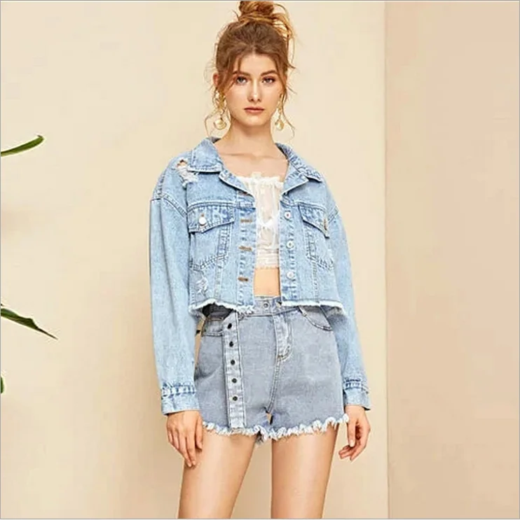 

Washed Blue Cropped Jean Jacket Women, Light blue