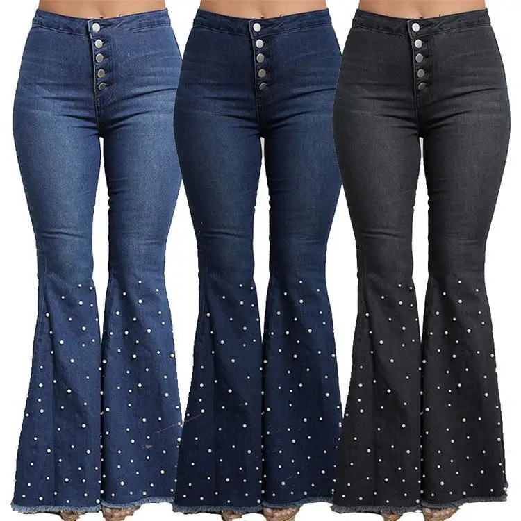 

Newest Autumn Winter Pearls Women's Jeans With Button Bottoms Lady Casual Pants Women Trousers Flare Pants