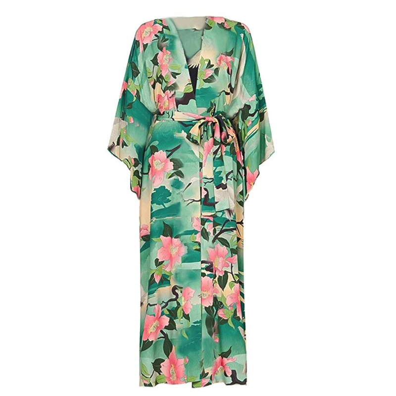 Kimono Swimsuit Coverup Floral Print Short Sleeve Loose Open Front