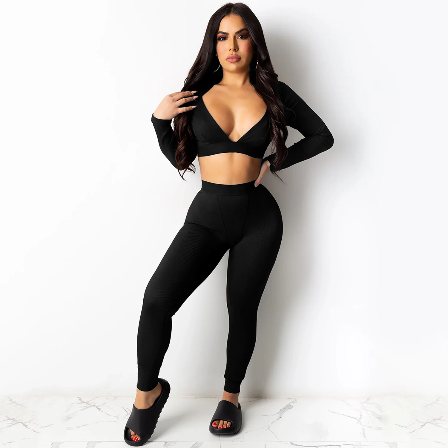 

X5469 - Pants And Crop Top Fashion Long Sleeve Backless Women Two Piece Outfits