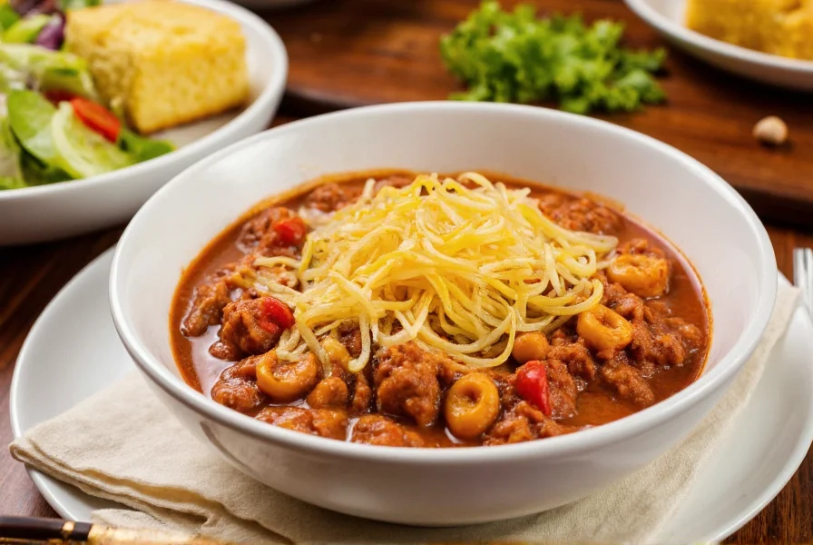Chili mac cheese served in white bowl with side of cornbread and green salad on wooden table