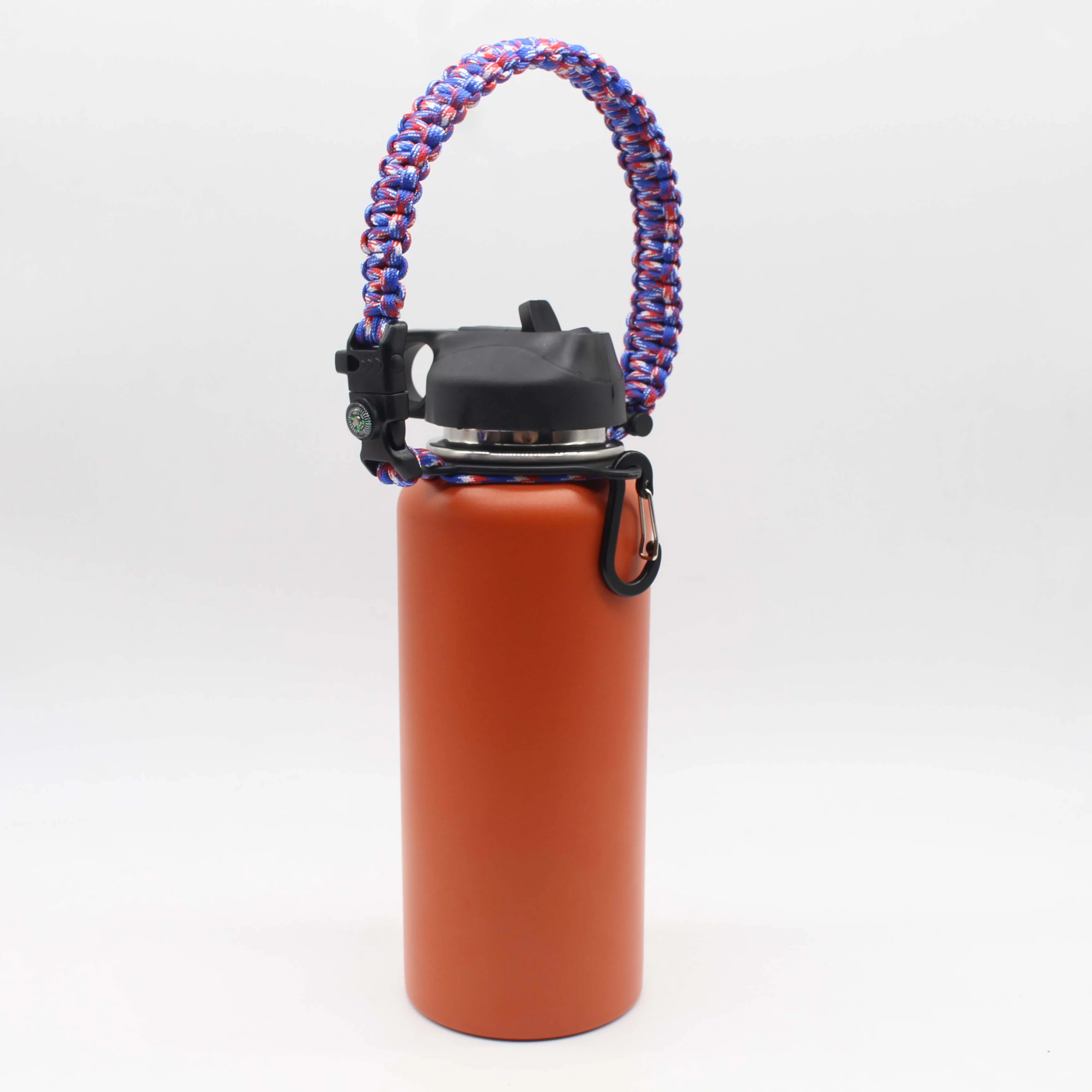 Custom  Paracord Carrier Safety Ring And Carabiner Wide Mouth Water Bottles Paracord Handle For Hiking Camping