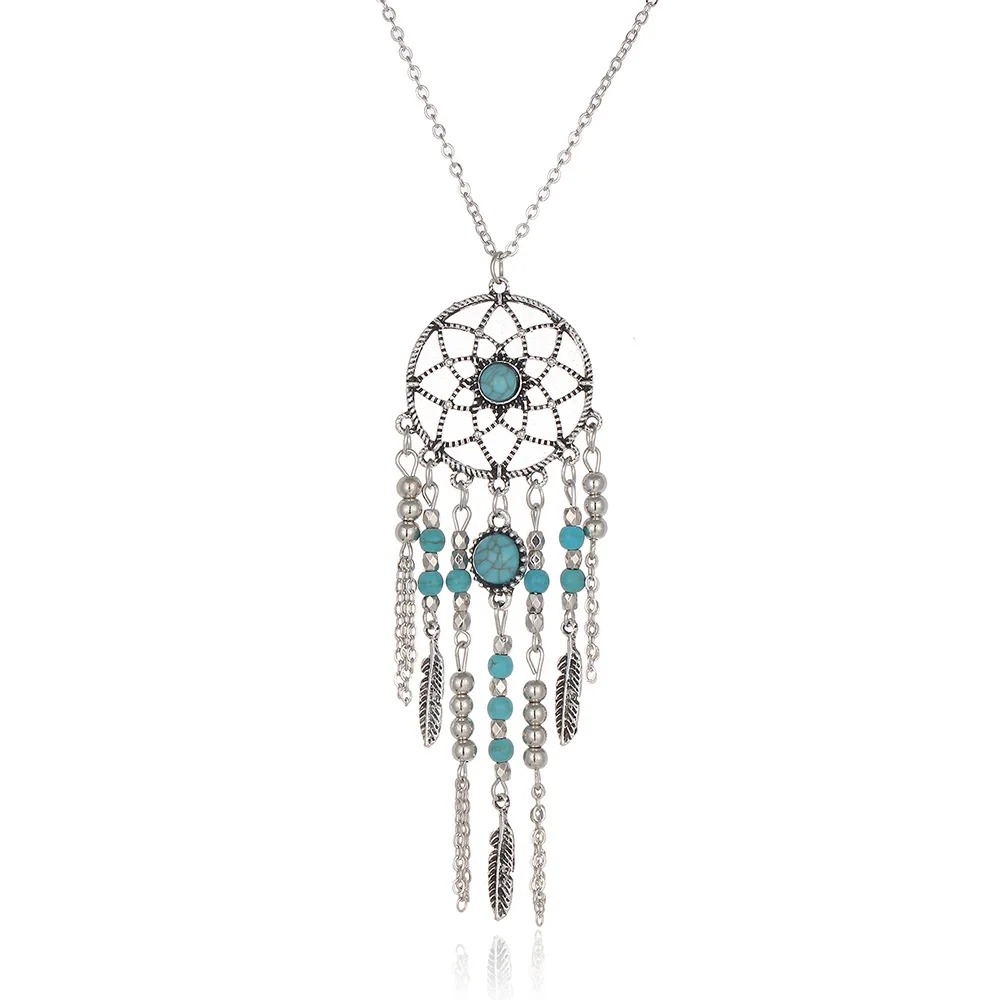 

Fashion Ethnic Style Retro Tassel Feather Blue Turquoise Boho Necklace, As picture