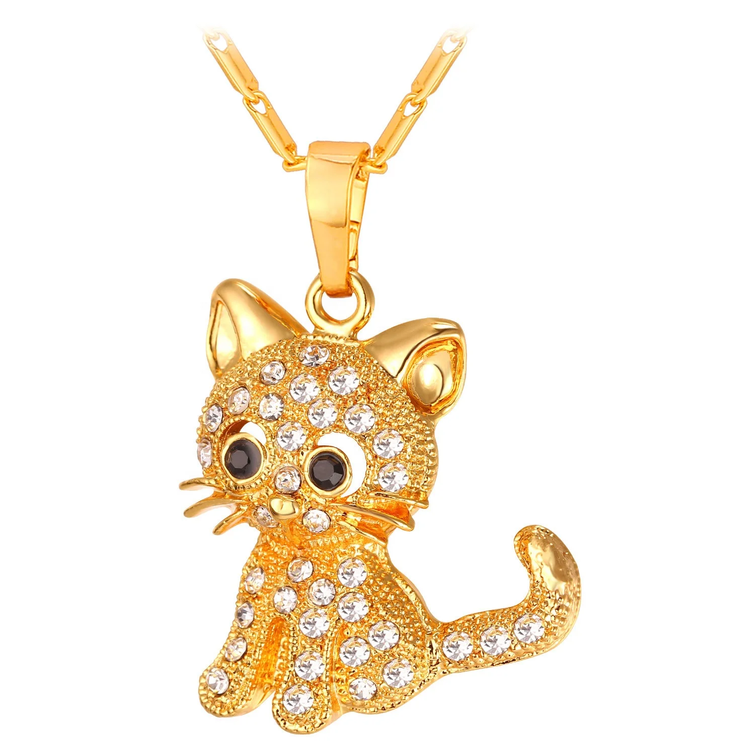 

Cute Cat Pendant Necklace with Black Crystal on Eye Link Chain Sweet Gift For Girls Kids Women Jewelry, 3 colors