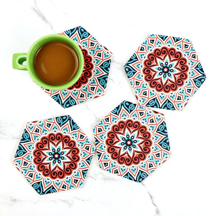 

Custom OEM hexagon Mandala printing tile ceramic tea coffee beer cup coasters cup mats & pads placemats for drinks