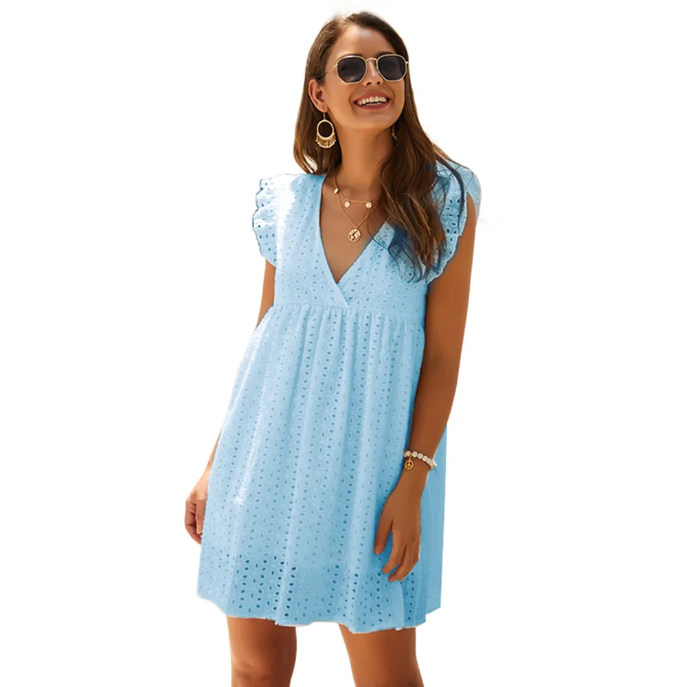 

2021 summer original design European and American temperament commuter women's V-neck short-sleeved lace dress in the dress