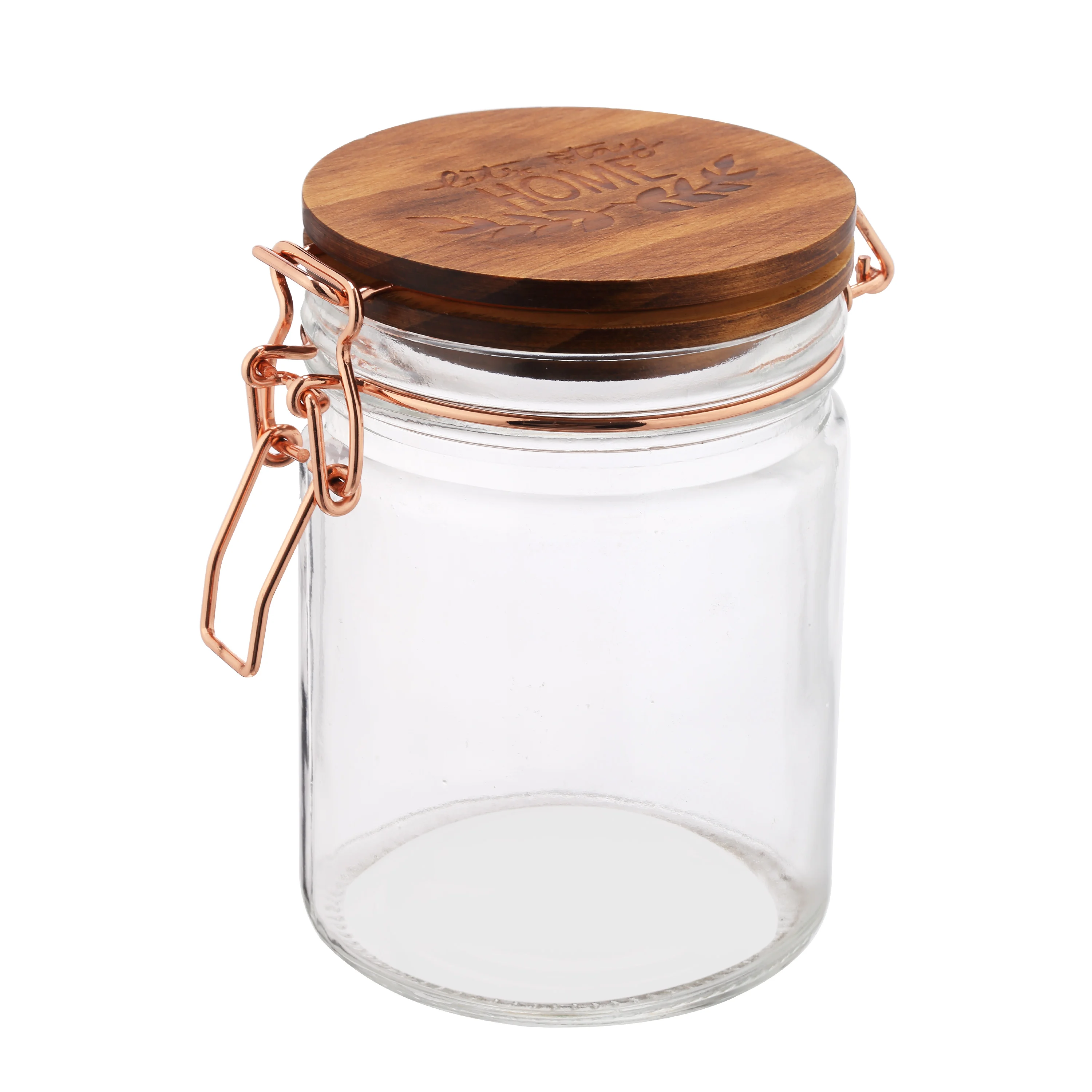 

Custom kitchen glass gold wire cliptop container nut food storage airtight seal lock lid jar with wood clamp lid, Customized color