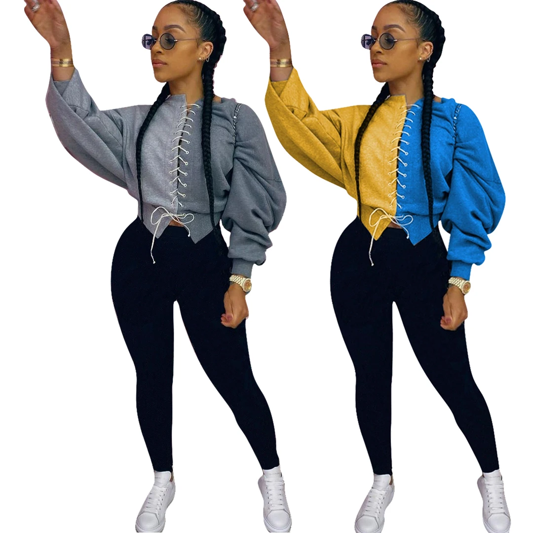 

2020 Ladies Long Sleeve Patchwork And Pencil Pants Sexy Plus Size Autumn Winter Women 2 Piece Set, Picture