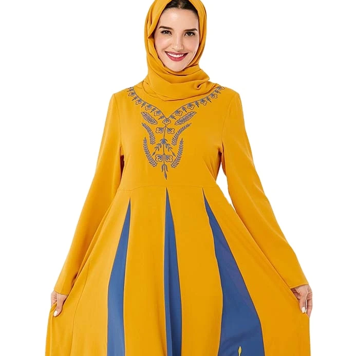 

Fashionable and dignified Arabian large women's embroidered contrast color splicing long sleeve Muslim dress, Five