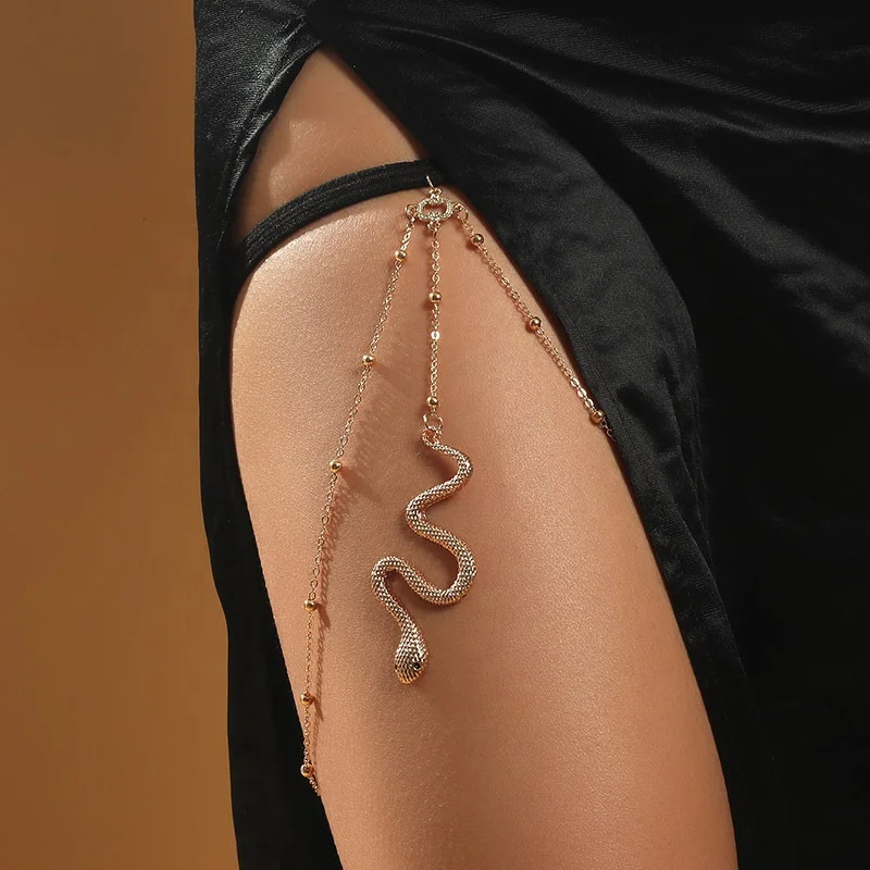 

Metal Snake Long Tassel Elastic Leg Chain Jewelry for Bohemian Sexy Women Multi-layers Body Chain Leg Thigh Body Accessories, As picture shown