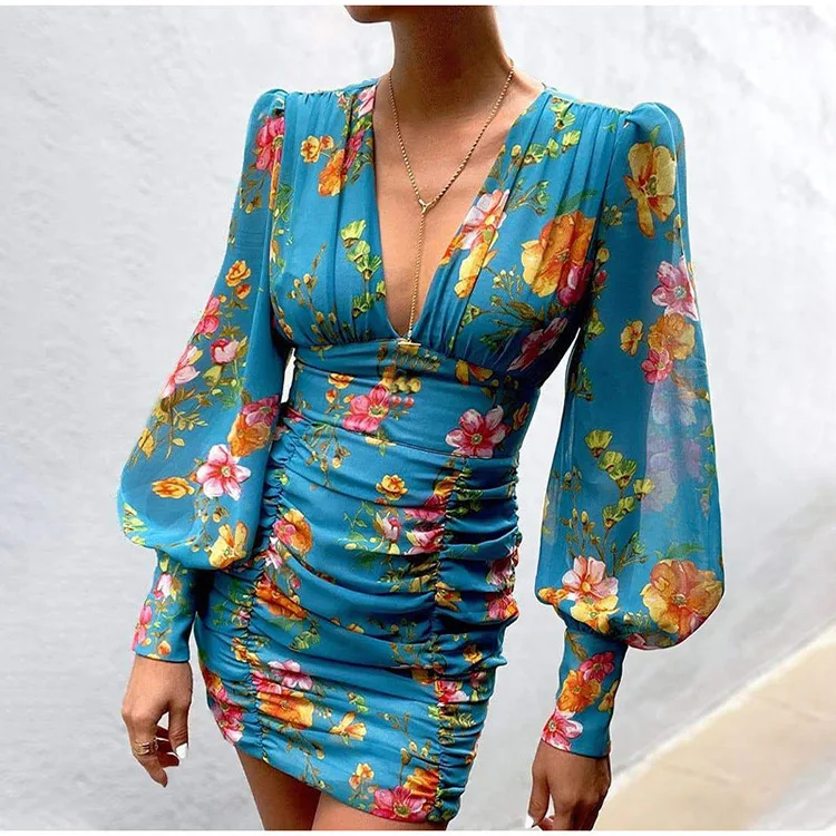 

spring and autumn printed v-neck temperament bubble sleeve hip skirt dress women in 2022 she in