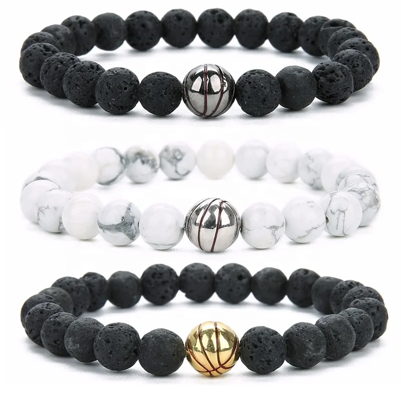 

New Black White Beaded Bracelets Female Lava Stone Basketball Charms Bracelets