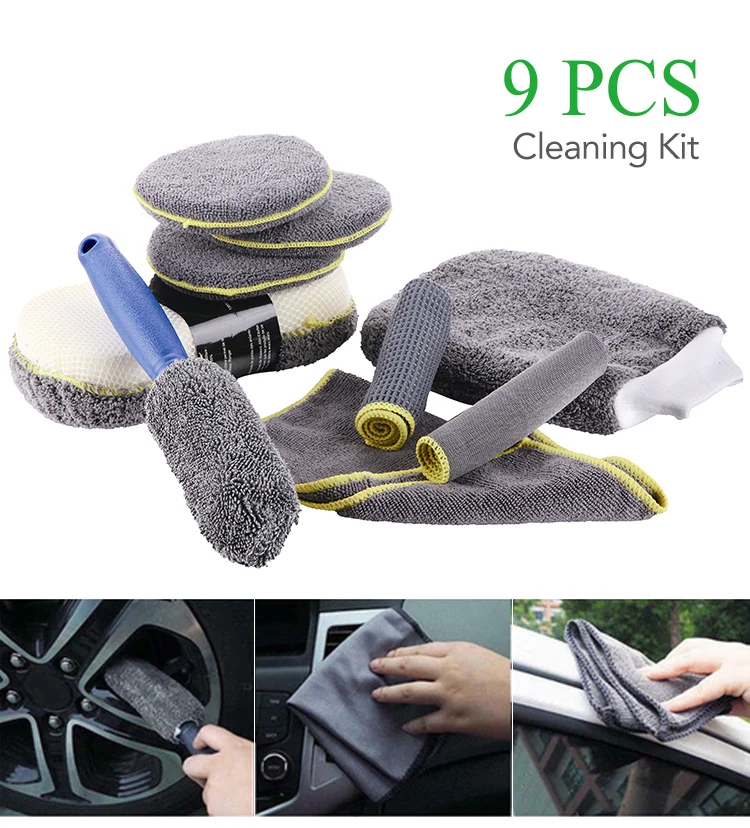 Car 9pcs Microfiber Car Washing Set Cleaning Care Kit Car Wash Tool Kit ...