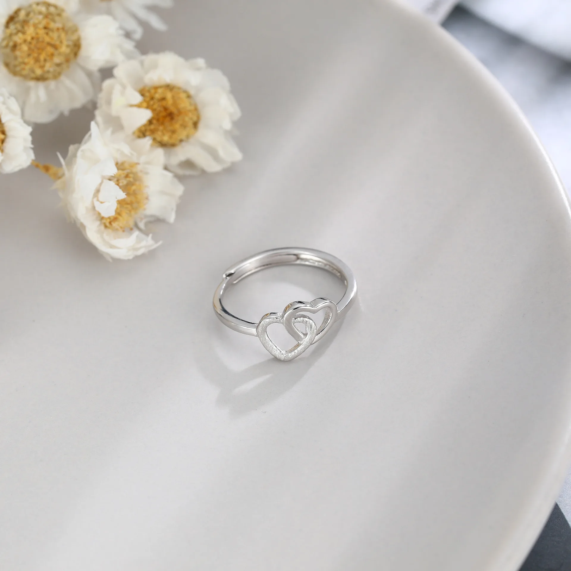 

Newest Design S925 Sterling Silver Matte Heart Rings Double Heart Finger Rings For Women Girls