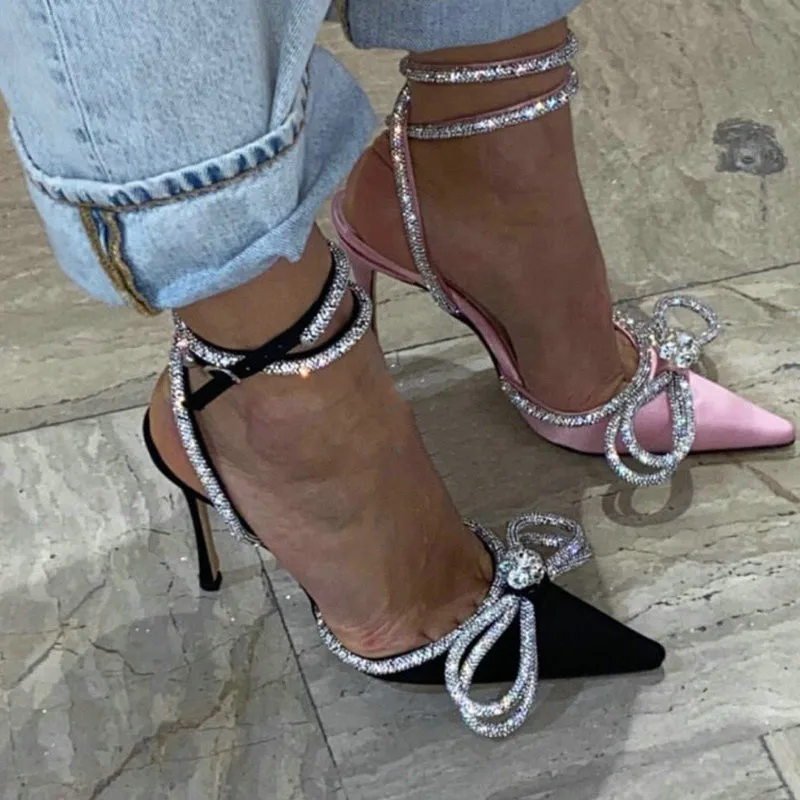 

2021 Summer High-heeled Sandals Women Super Amazing New Rhinestone Fine Heels With Bow Sexy Wedding Shoes Banquet Shoes