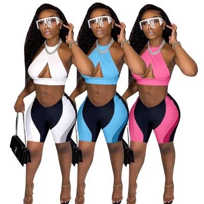

2021 New Design Sexy Women Backless Halter Crop Top And Biker short pants two piece Set Summer Women Clothing