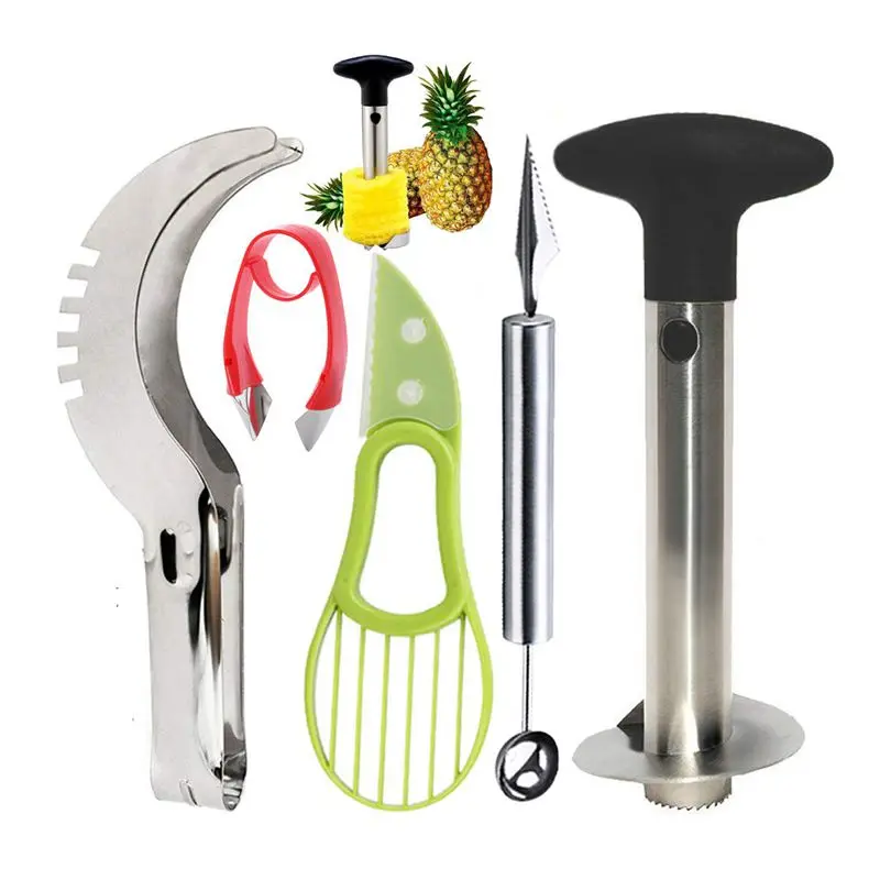 

5 Pcs Fruit Slicer Set With Pineapple Corer Watermelon Slicer Melon Baller Scoop & Carving Knife And Strawberry Huller