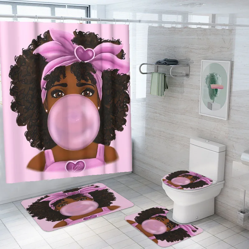 

High quality wholesale funny purple african black girl shower curtain set for bathroom, Customized color