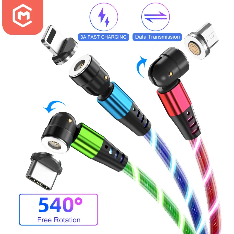 

High quality 3A fast charging usb cable 3 in 1 540 degree rotate magnetic charging cable, White red blue green