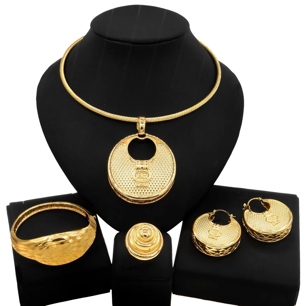 

Yuliali Latest 18K Italian Gold Collars Necklace Jewelry Set Unique Fashion Big Pendant Style Best Pop Style Women Jewellery Set