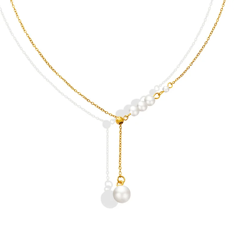 

Simple Real 18k Gold Plated Asymmetrical Pearl Bead Necklace Stainless Steel Pearl Pendant Necklace