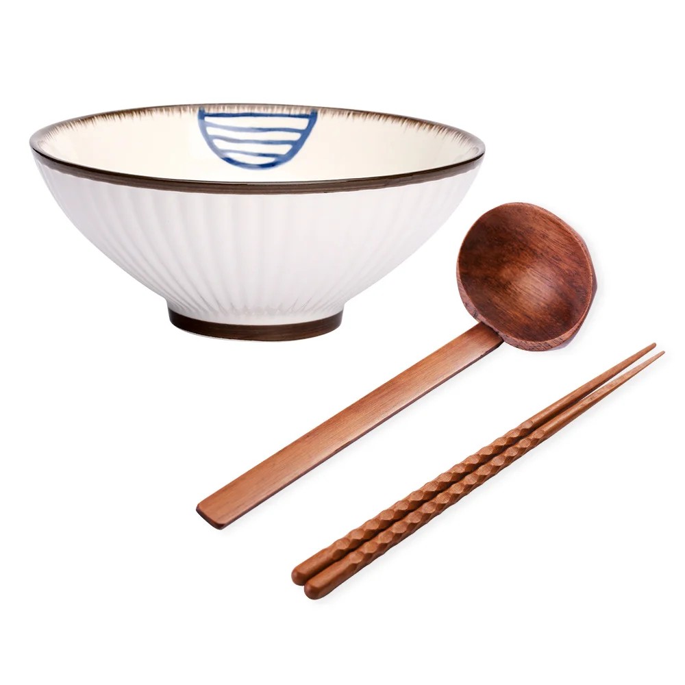 

Eco friendly New Style Microwave Oven Safe Ceramic Tableware Soup Ramen Noodle Porcelain Bowl with Wood Spoon and Chopsticks