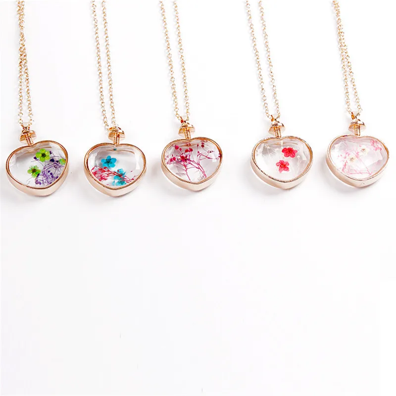 

Hot Selling Heart Shape Glass Dried Flower Crystal Pendant Multi Colors Transparent Necklace Jewelry For Women