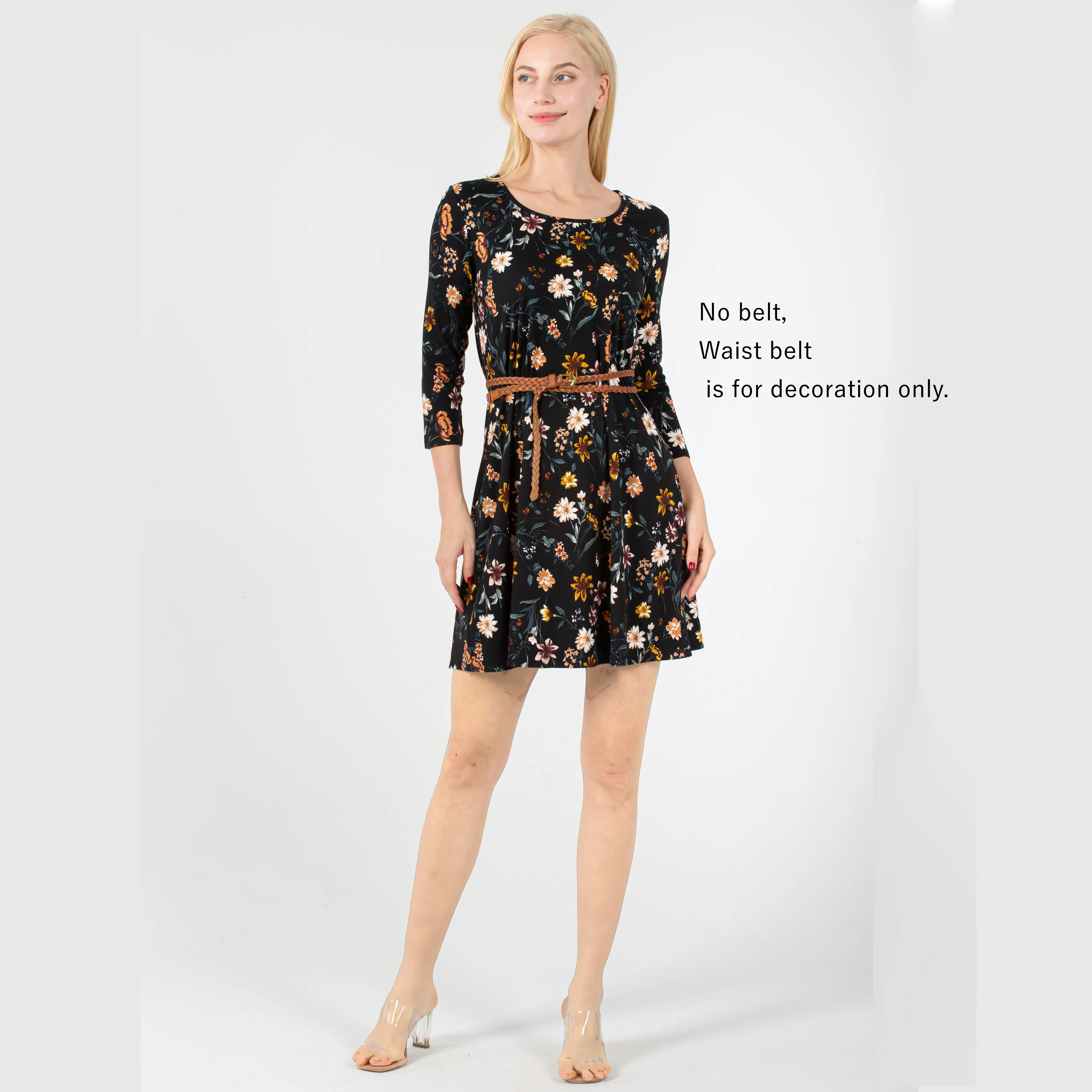 

Women Casual Summer Round Neck Three Quarter Sleeve Knee Length Ladies Floral Midi Dresses