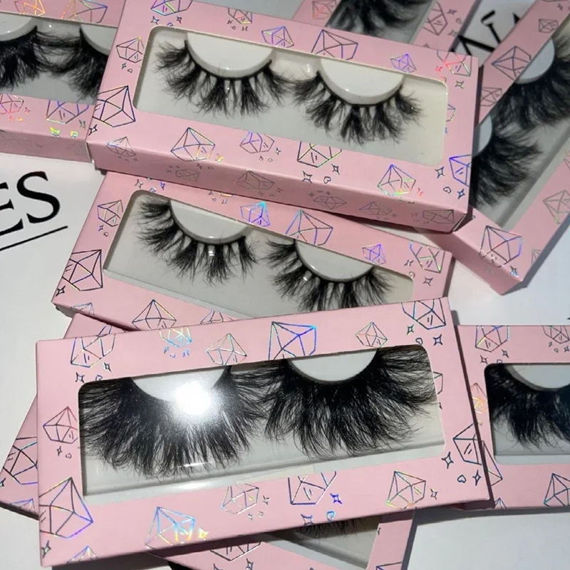 

pink paper lashbox holographic logo printed private label 25mm long real mink eyelashes wholesale eyelash vendor