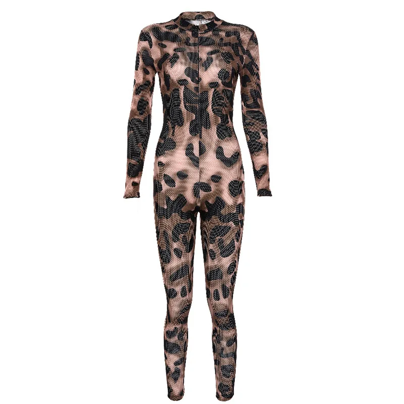 Jumpsuits Sexy Deep V-neck Bodycon Small hole ventilation Rompers Womens Bodysuits Serpentine Print Long Sleeve One Piece