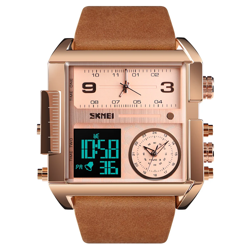 

SKMEI 1391 free shipping Men Leather Strap Digital Wristwatch Dual Time Jam Tangan Waterproof Quartz Analog Watch, Brwon;black