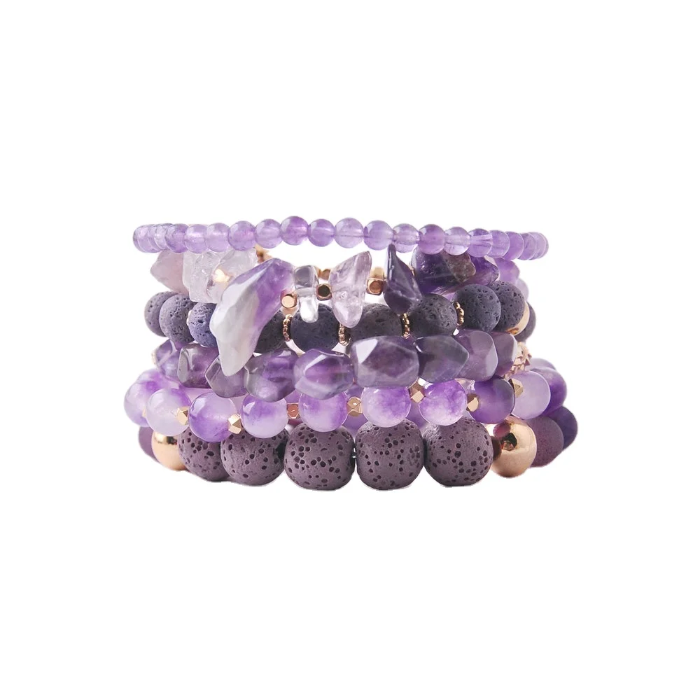 

Natural Amethyst Chips Bracelet Set Multistrand Elastic Beaded Layered Purple Lava Bracelet Set, Picture showing