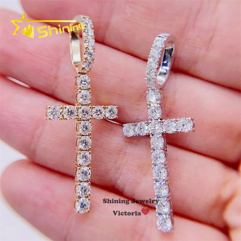 

Wholesale Stock 10k Real Solid Gold Moissanite Diamond Cross Pendant 3MM GRA